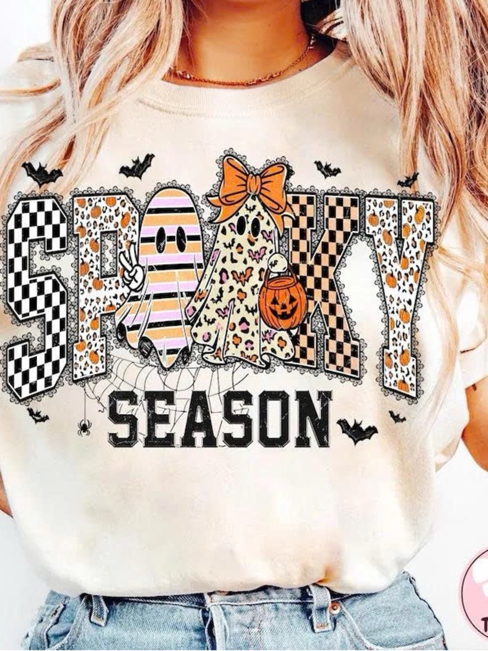 Gildan Cream Halloween Spooky Graphic Tee with Orange Accents